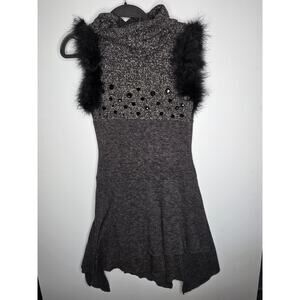 Farinelli Size S Gray Sleeveless Knit Dress Cowl Neck Sequin Faux Feather Trim